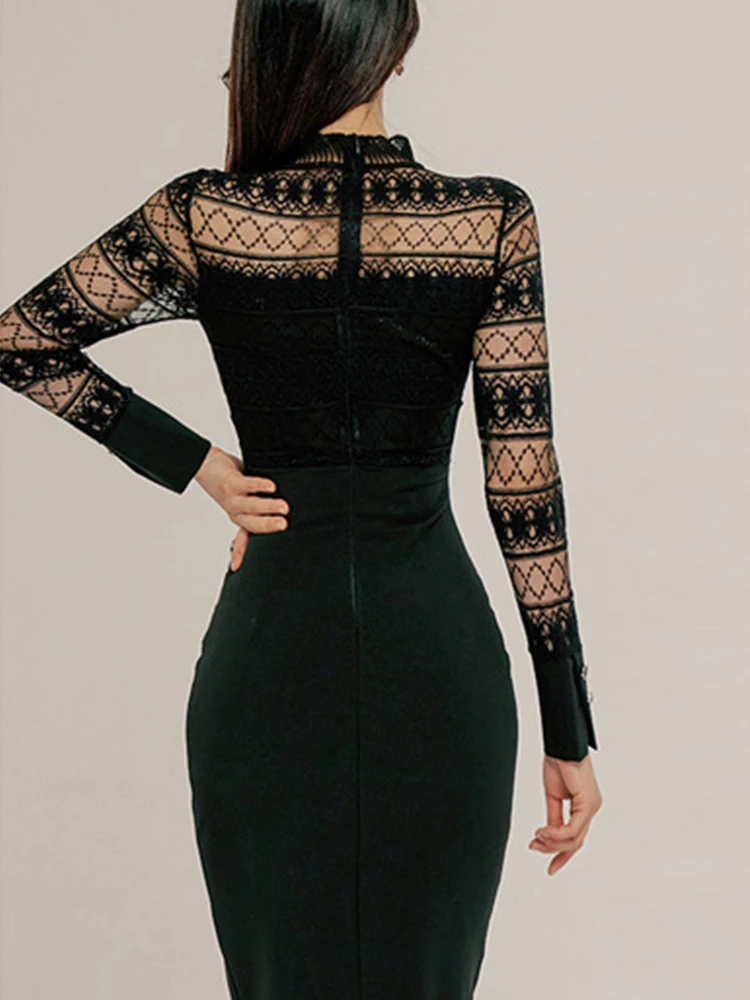 Vintage Elegant Formal Fake 2 Piece Dress for Women Retro Sexy Sheer Lace Single Breasted Slit Robe Work Party Mujer Vestidos