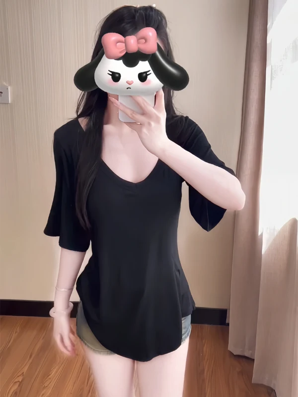

plus Size Women's U-Neck Short Sleeve T-Shirt Slimming Waist Design Summer New Style Lazy Base Shirt Top Korean Style Straigh...