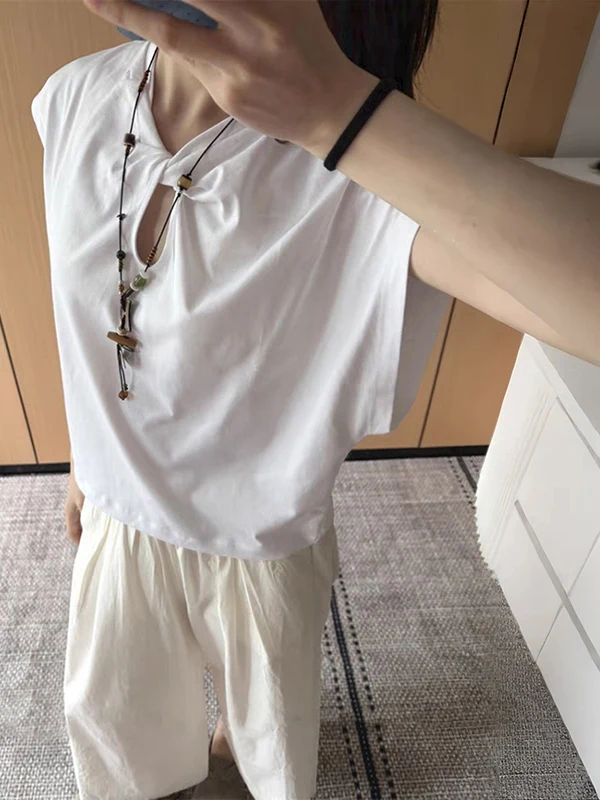 

Summer Casual Faion White Knot Tear Drop aped Collar Outline Meat Concealing T-irt Cotton 00% ort Sve V-ne