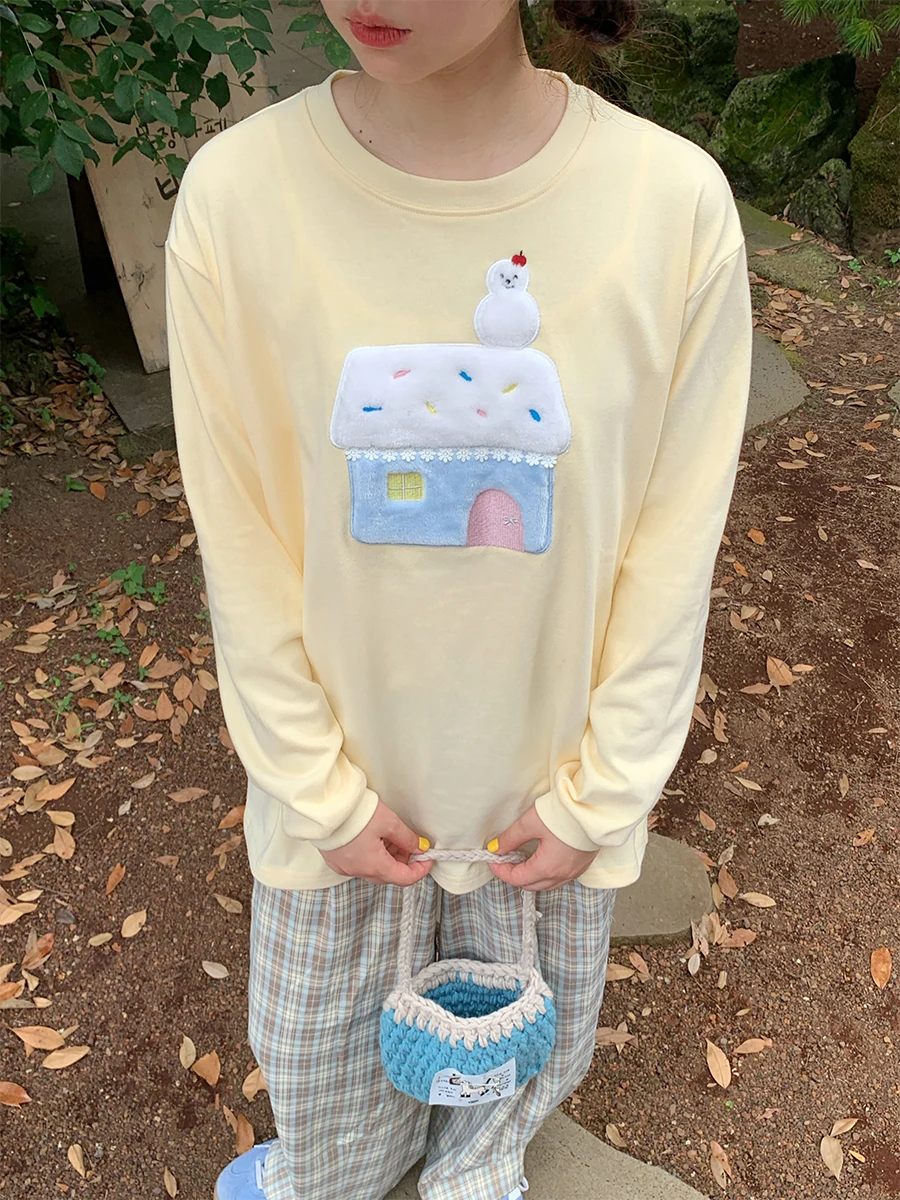 

Candy Snow House Snowman Patchwork Loose Long Sve round Ne Cotton T-irt Cute Sle Creative Pattern Autumn Wear for Women