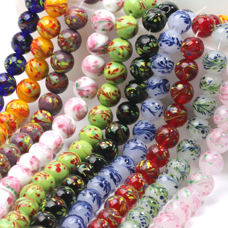 12MM 10Pcs Colorful Beads Charme Dot Dyeing Phoenix Tail Pattern Glass Beads For Making Jewelry Necklaces Bracelets Decorative