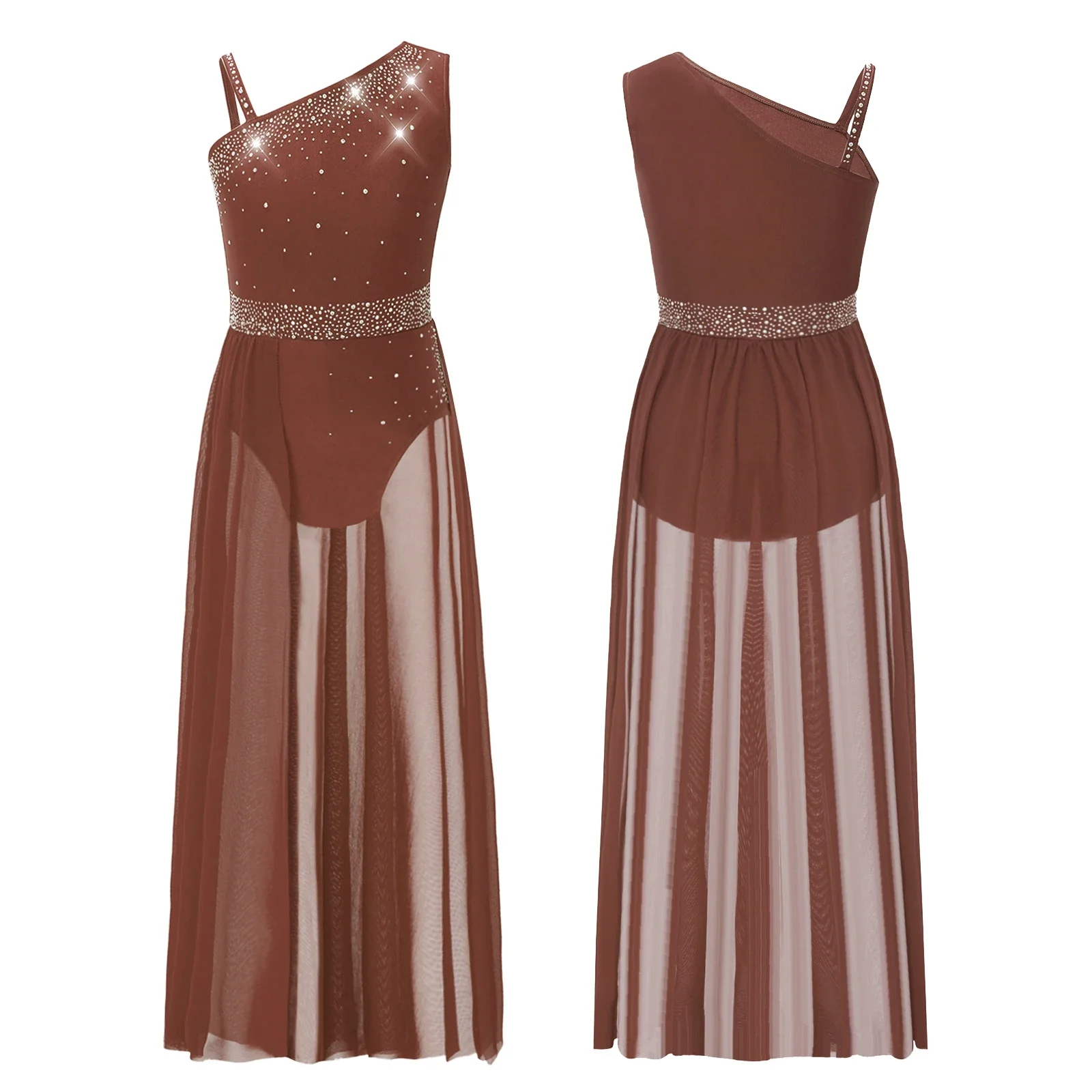 Girls Fancy Ballet Dress Lyrical Modern Dance Dress Gymnastics Performance Costume Sleeveless Rhinestones Mesh Skirted Leotard