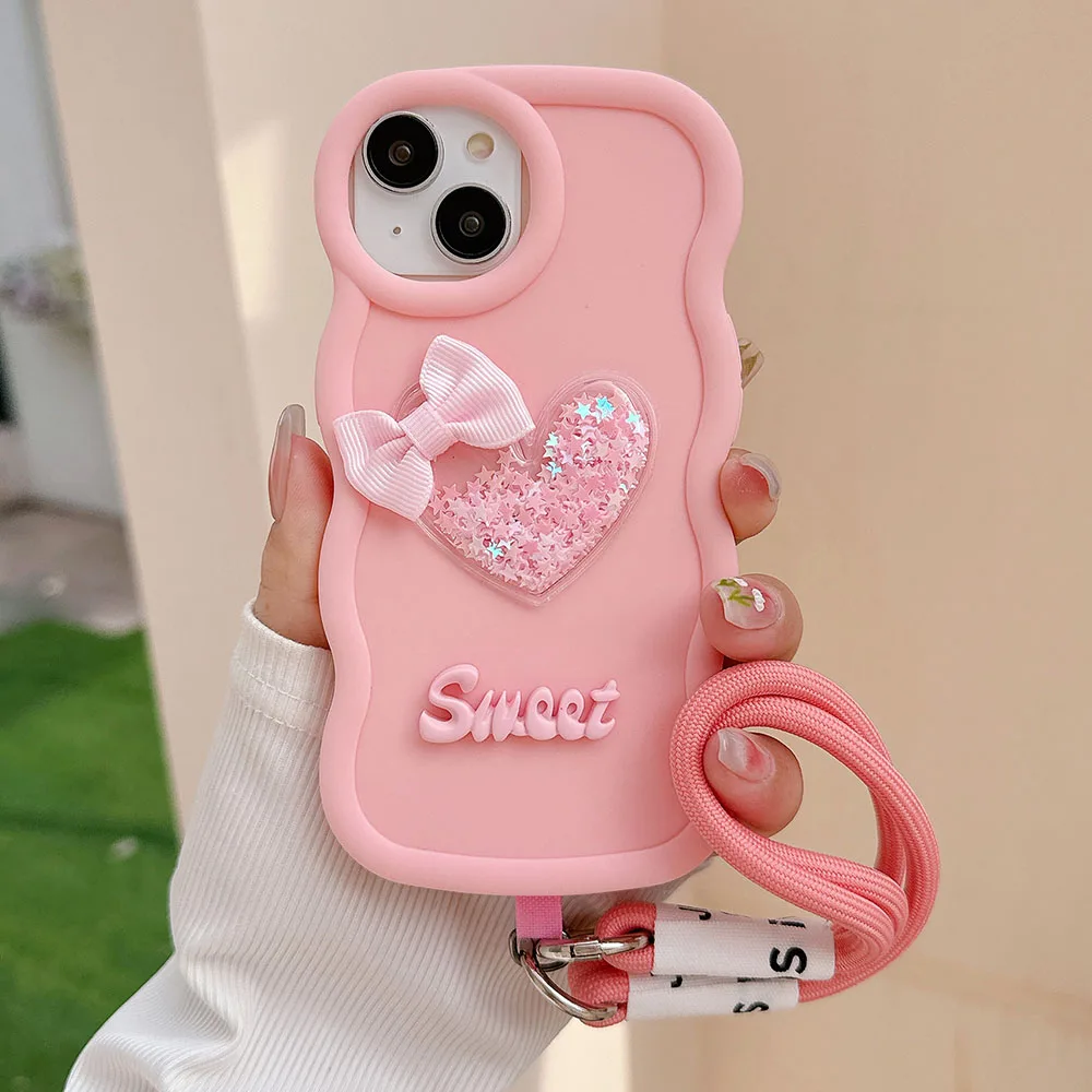 3D Quicksand Love Heart Soft Phone Case For OPPO A59 A58 A57 5G A56 A55 A52 4G A57S A54S A53S A11S A38 A31 A33 Wrist Strap Cover