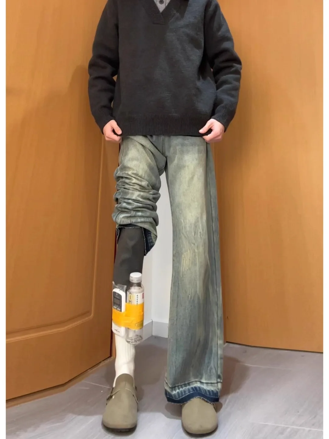 

Blue High Waist Wide Leg Straight Cut Jeans Men's Spring American High Street Cleanfit Trousers Slimming Effect Casual Jeans