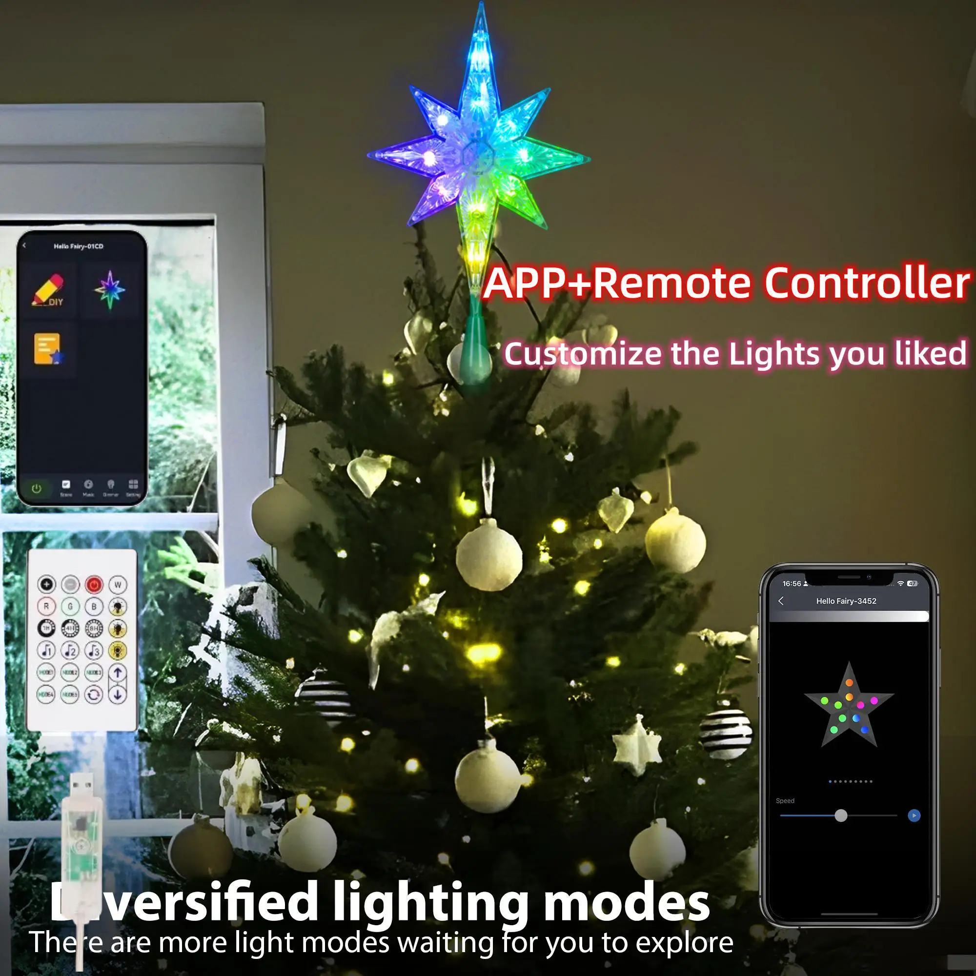 Led Abyssal Mirror Lamp Smart App Remote 5V RGB Christmas Tree Decor Light USB Music Sync Voice Xmas Topper Holiday Party Decor