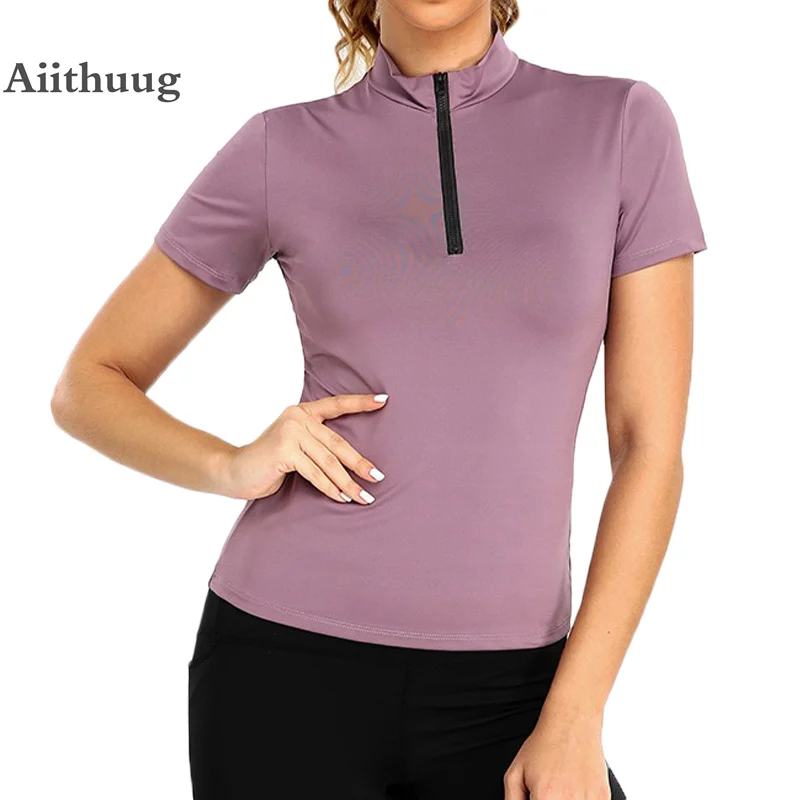 Aiithuug Sports Short Sleeve Quarter Zipper Gym Tops High Running Tops Quick Dry Tennis Shirt Workout Fitness Wear Jogging