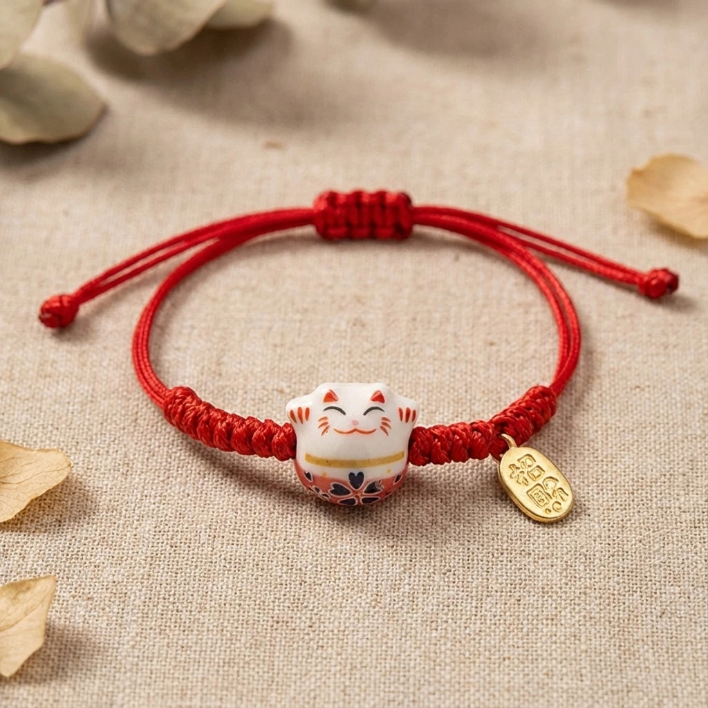 Keramik-Maneki-Neko-Armband mit roter Schnur für Damen und Herren, handgefertigt, geflochten, Glückskatze-Charm, Amulett, Reichtum, Feng Shui, Neujahrsgeschenk – Detail 5