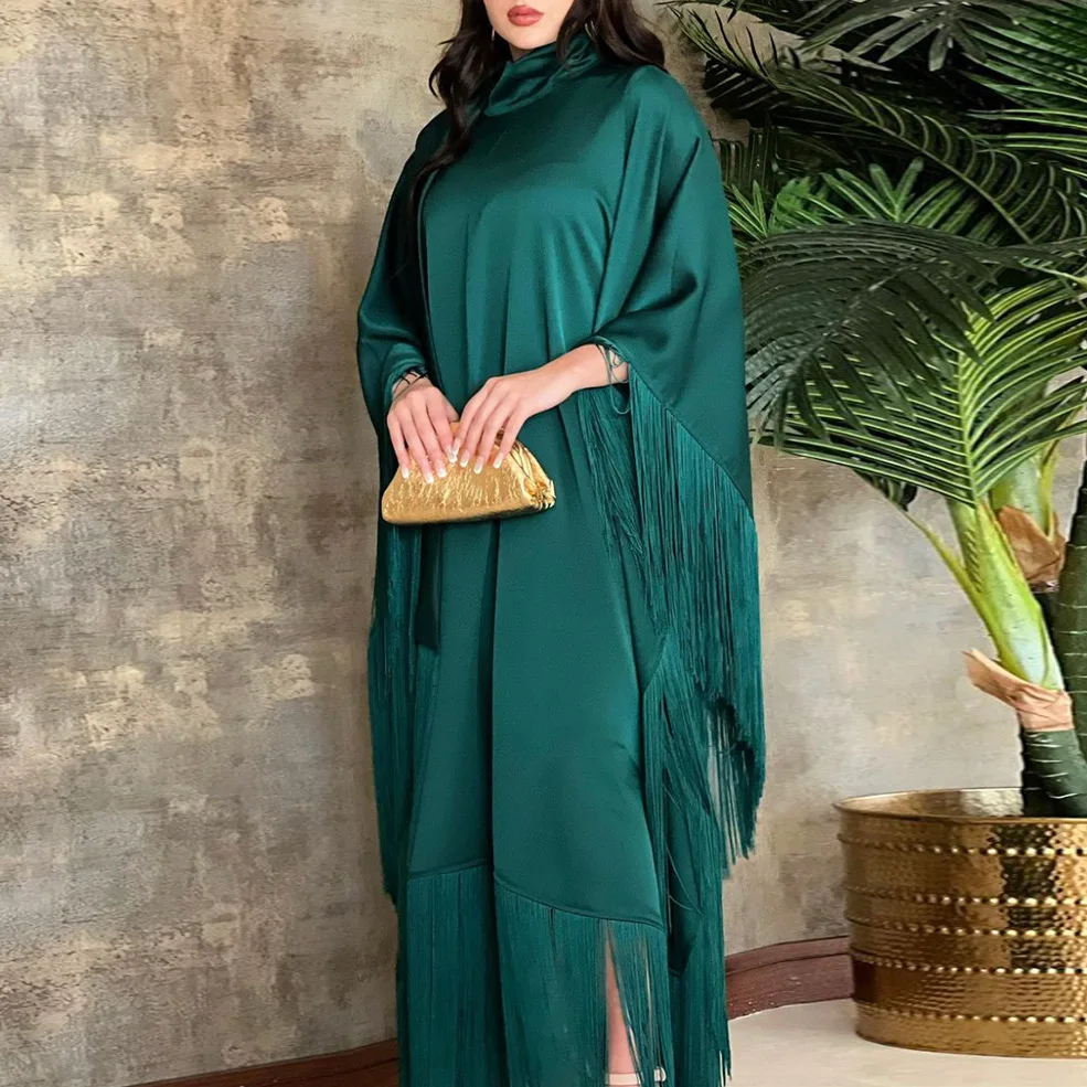 New Tassel Long Robe Dress Autumn Solid Color Middle Eastern Abaya Women's Clothing