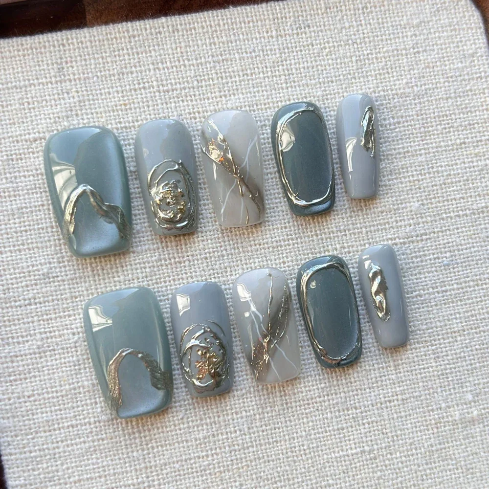 10Pcs 라이트 럭셔리 손톱에 고품질 수제 프레스 매직 미러 파우더 그라디언트 짧은 사각형 타원형 웨어러블 틀린 손톱