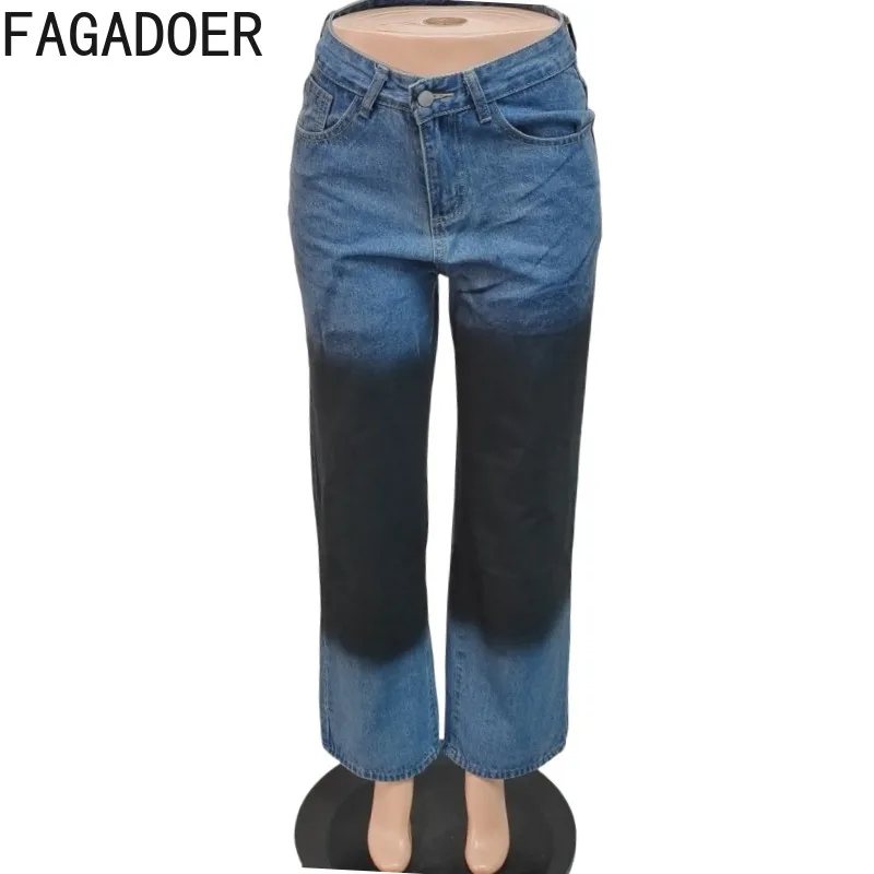 FAGADOER Retro Fashion Gradient Denim Pants Woman Summer High Waist Loose Straight Tube Jeans Female Streetwear Bottoms 2025 New