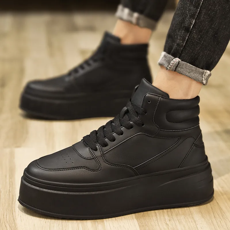 Original Men\'s White Sneakers Trend Leather High Top Shoes Men Platform Sneakers Height Increasing Lace-up Men Fashion Sneakers