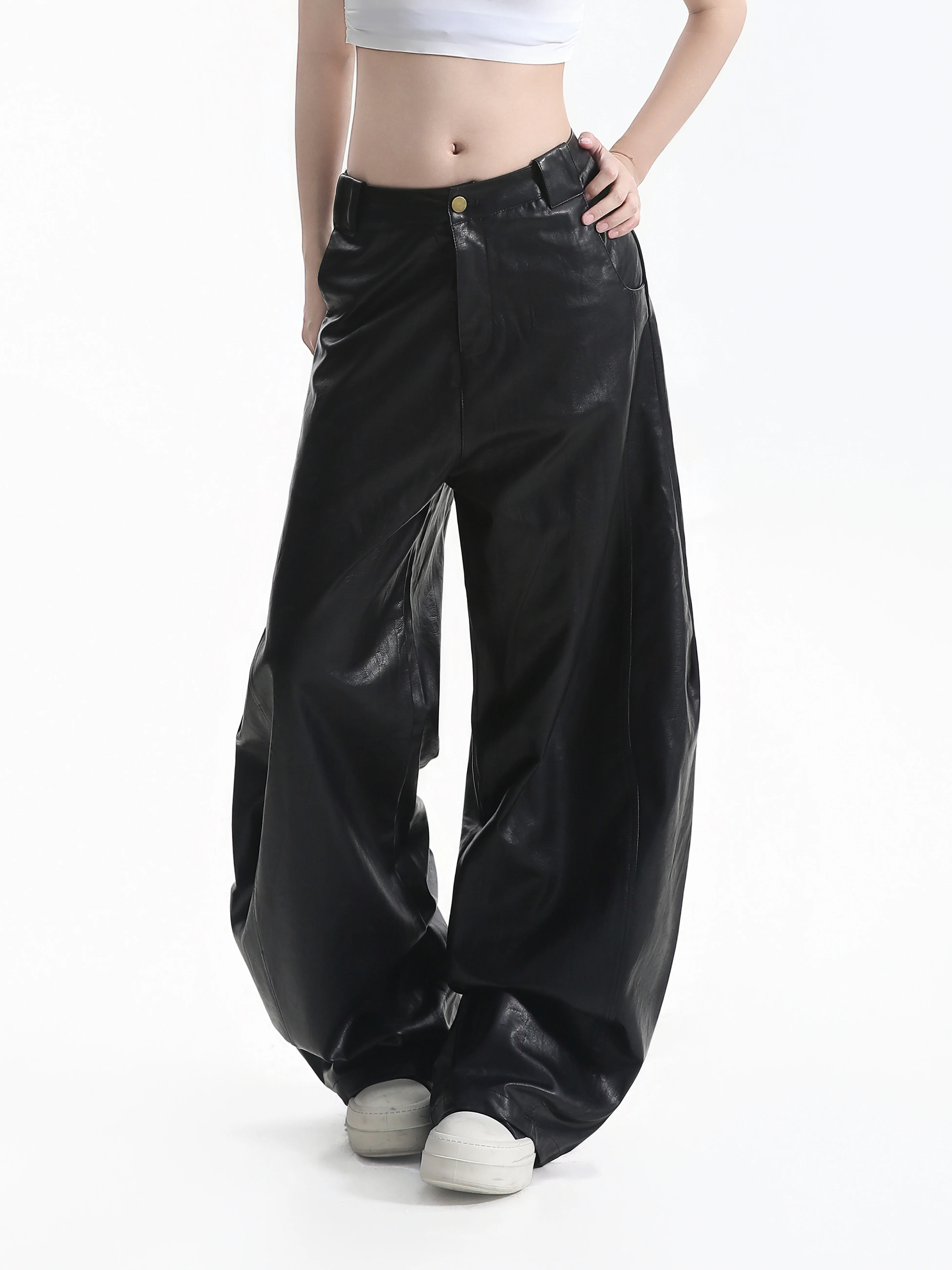Metal Button Wide Leg Leather Pants Women's Retro Loose Drapey Biker Style Casual Trousers Comfortable Straight Cut Pants