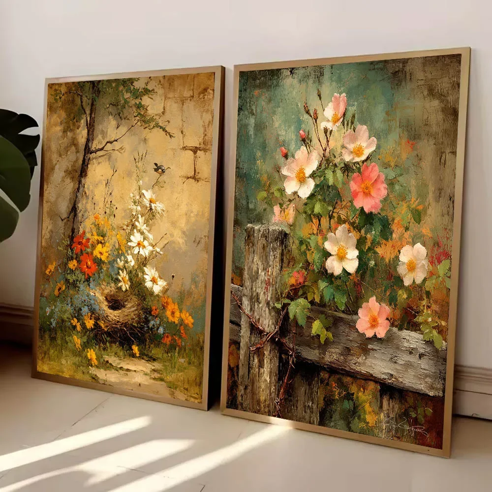 1pc frameless Canvas Painting Vintage Wildflower Canvas Wall Art Farmhouse Cottage Art Poster Floral Print For Living Room Decor