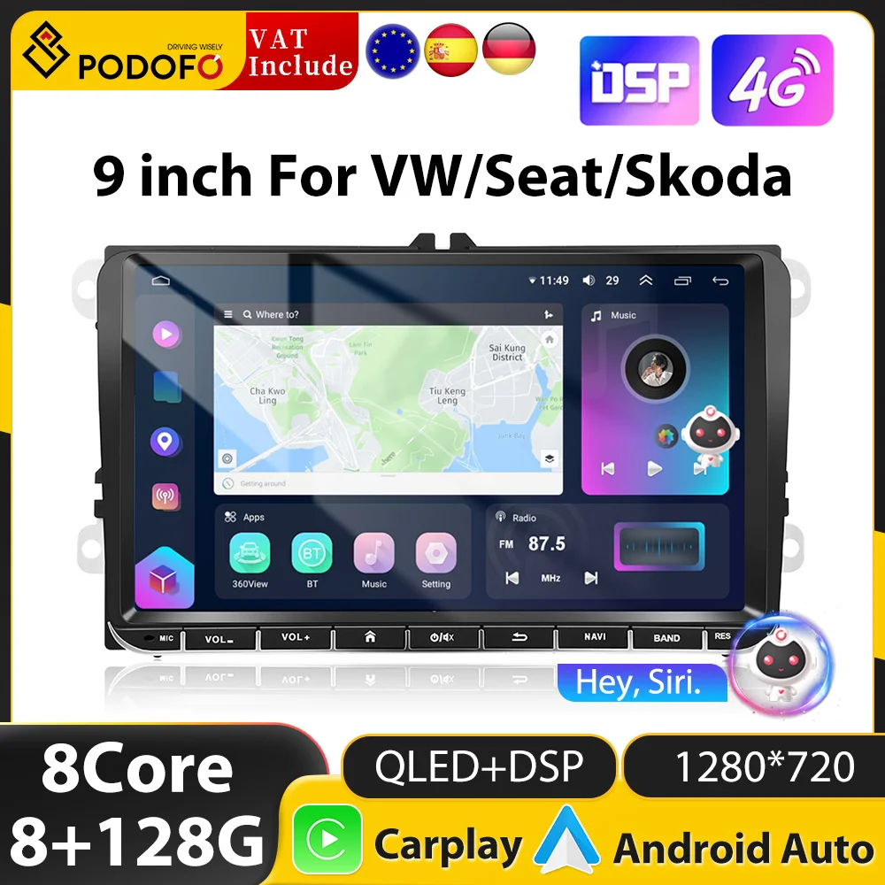 Podofo 2din Android Carplay Radio For VW Volkswagen PASSAT GOLF Skoda Octavia Seat Leon TIGUAN Fabia Altea GPS 2din autoradio