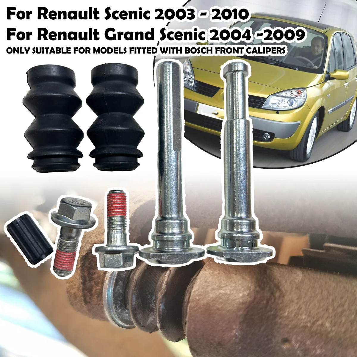 

For Renault Scenic 2003 2004- 2010 Front Brake Caliper Slider Guide Pins Bolt Kit Left Right Disc Housing Bellows Sleeve Bushing