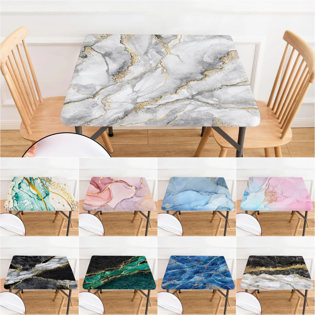 

Marble Square Elastic Tablecloth Gold Foil Decorative Marbling Table Cover Fitted Waterproof Dining Room Party Table Decoration