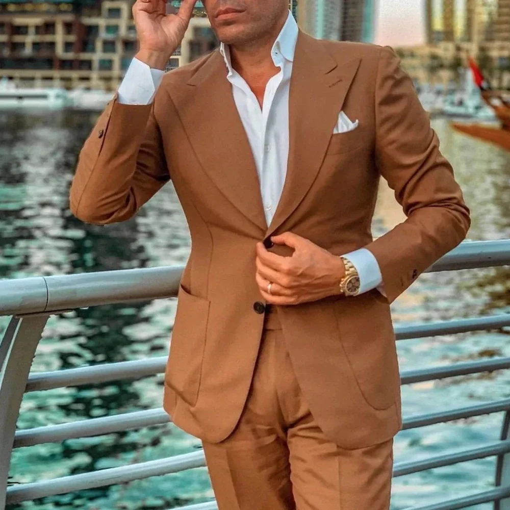 

Summer Peak Lapel Men Suits 2 Piece Fashion Single Breasted Solid Male Suit Slim Daily Casual Wedding Tuxedo (Jacket+Pants)