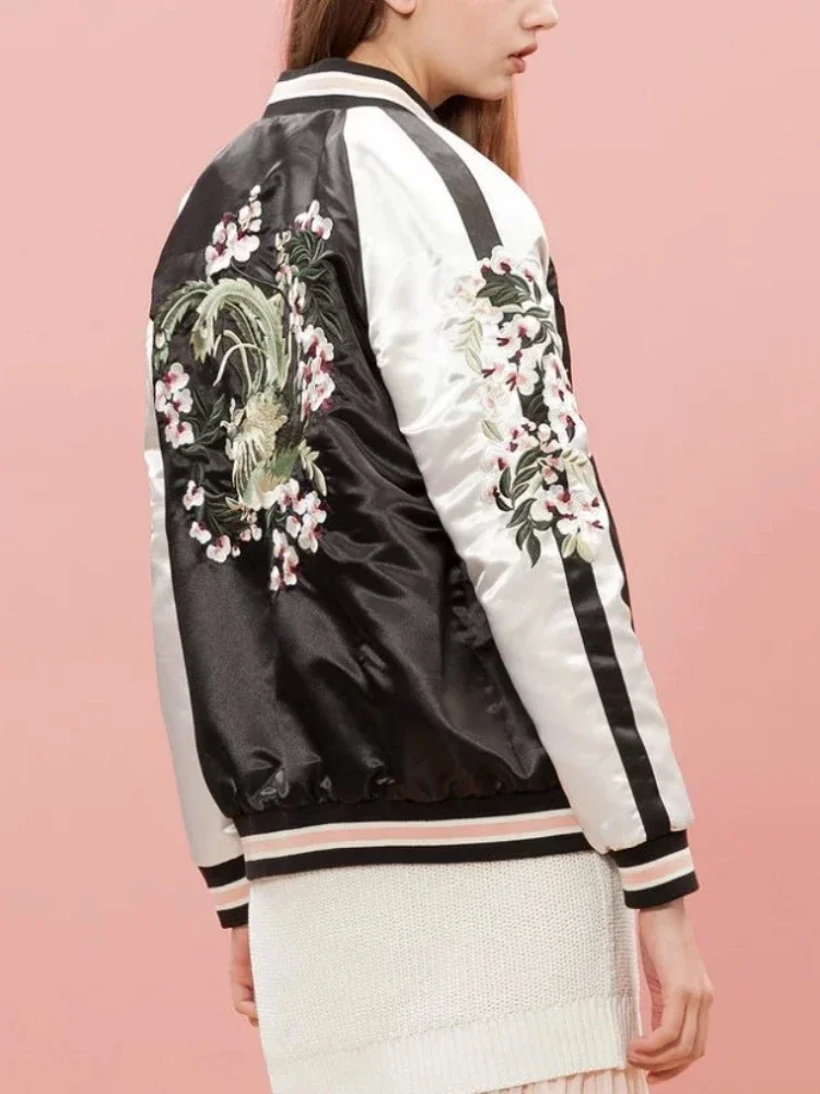 Harajuku Floral Embroidery Baseball Bomber Jacket Unisex Two-sided Yokosuka Pilot Cardigan Spring Autumn Loose Zipper Streetwear