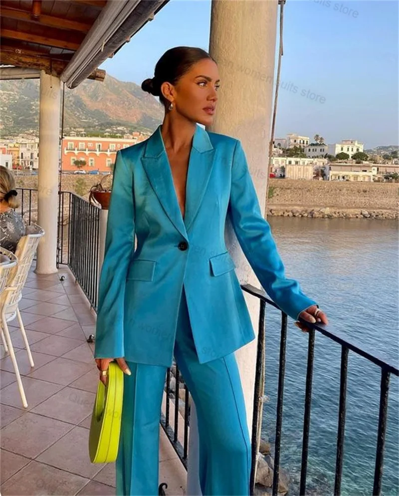 Cotton Wedding Women Suit Set 2 Piece Blazer+Trousers Sexy V Neck Jacket Coat Formal Full Sleeve Prom Dress Tailored Outfit