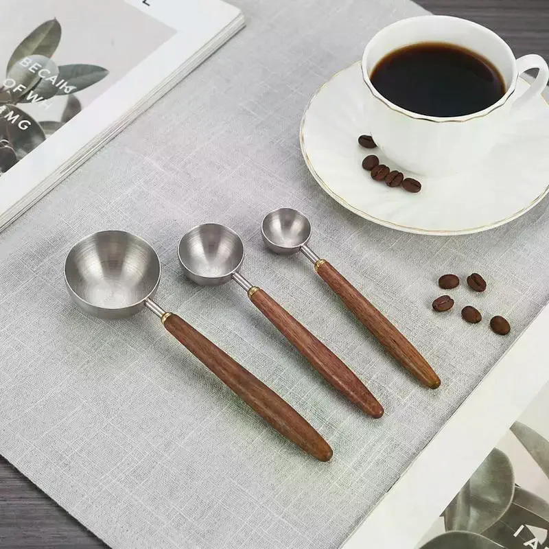 Stainless Steel Coffee Scoop with Wooden Handle Long Precision Tablespoon Measuring Spoon for Home Cafe Kitchen Supplies