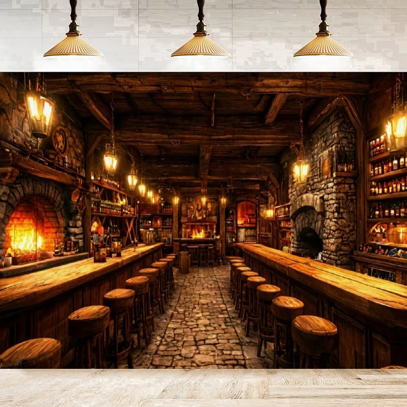 Medieval Tavern Inn Bar Photography Backdrop Fireplace Cooking Pot Ancient Kitchen Interior Decor Portrait Shooting Background