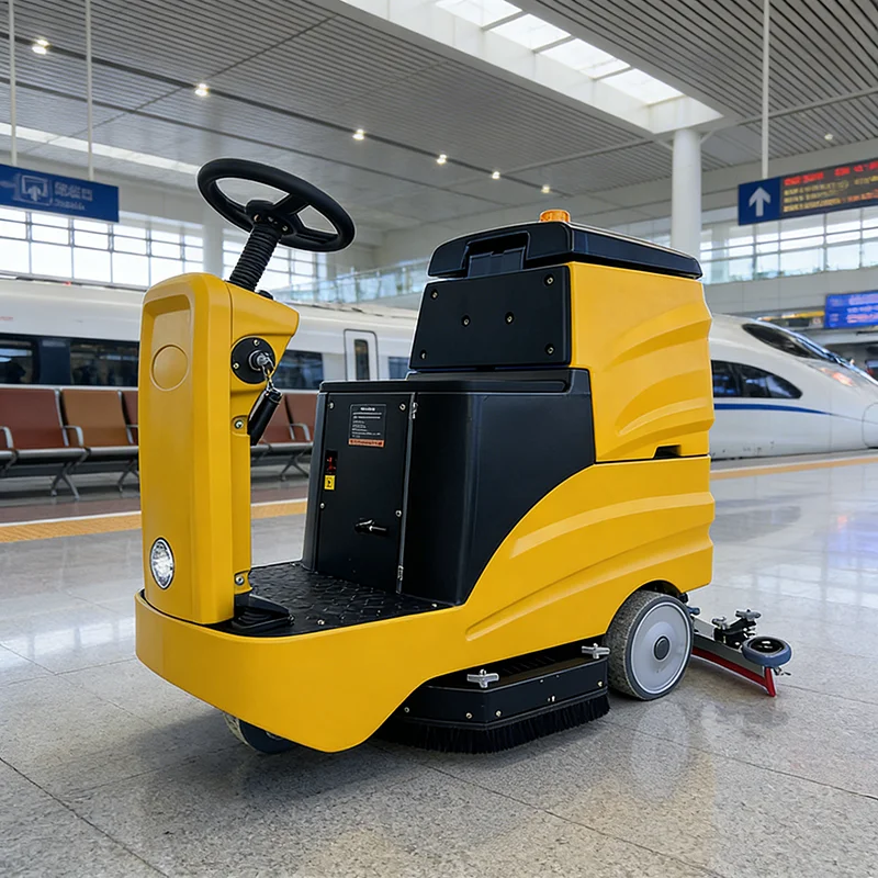 High Efficiency Ride On Scrubber Dryer with Dual Cylindrical Brushes for Heavy Debris Removal in Warehouse Workshop