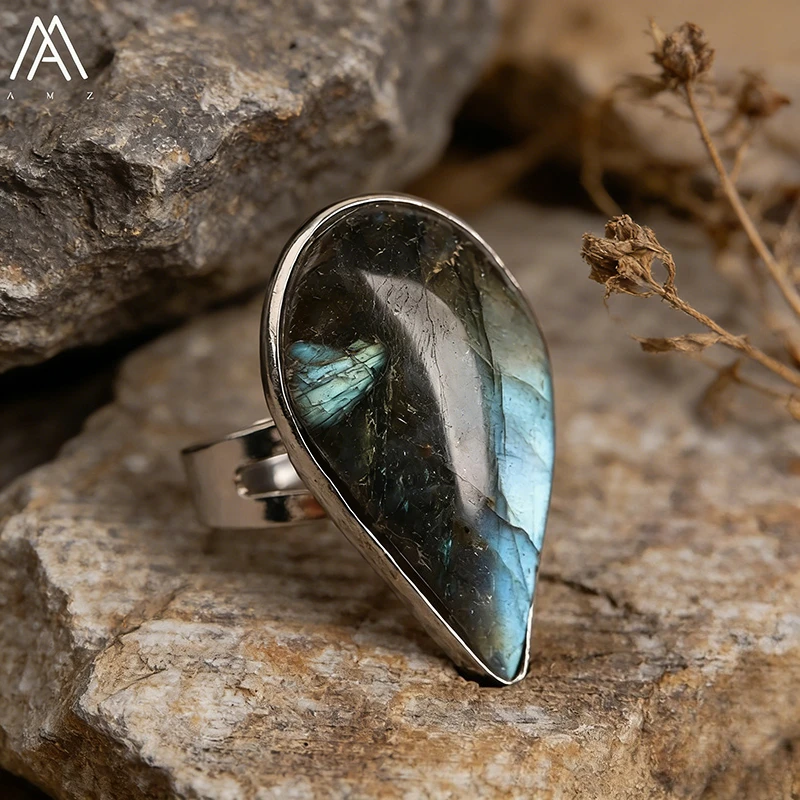 Flash Labradorite Bronze Rings Natural Raw Stone Ring Bohemian Ethnic Style Open Ring Luxury Fashion Jewelry Gift for Women Men