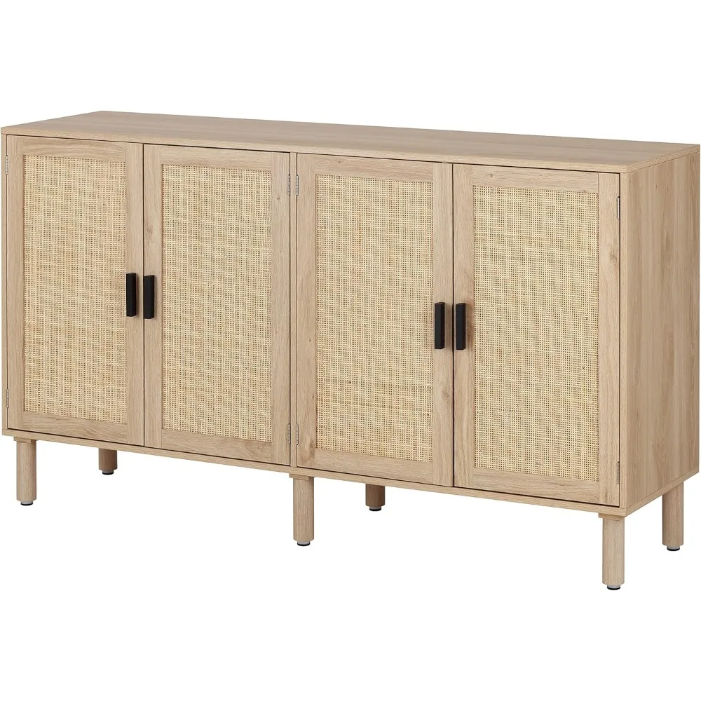 4 kitchen sideboard, rattan trim door, cabinet control table, bar cabinet, 62.3X 15.7X 34.6 inches, natural