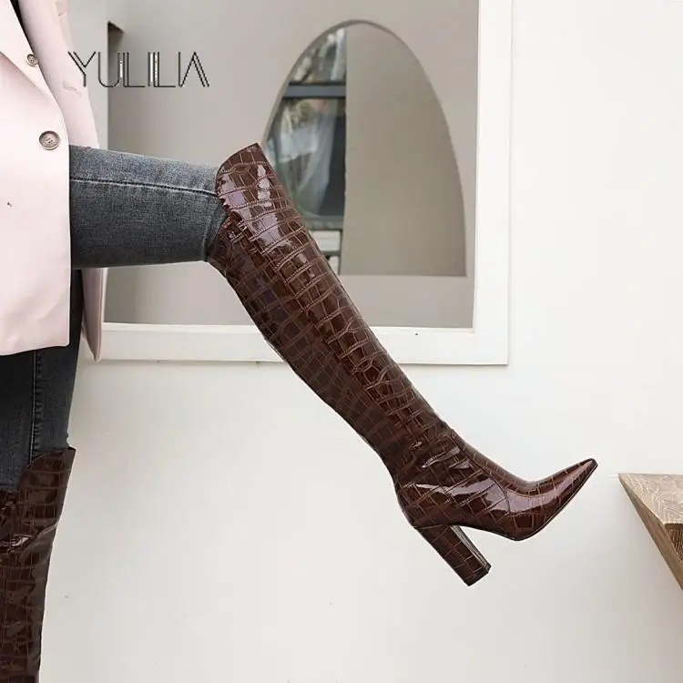 

YULILIA Trendy Sexy New Style Woman Women's Winter Warm Pointed High Heel Over Knee Boots Patent Leather Lady Nightclub Girl