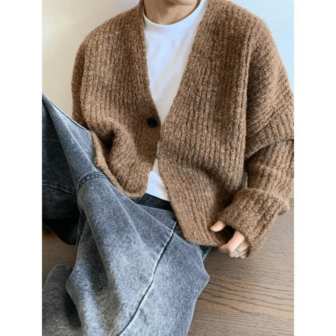 New 2026 Retro Loose Heavy Lazy Thick Thread Knitted Sweater Casual Jacket Man Clothes Cardigan Men Korean Sweater