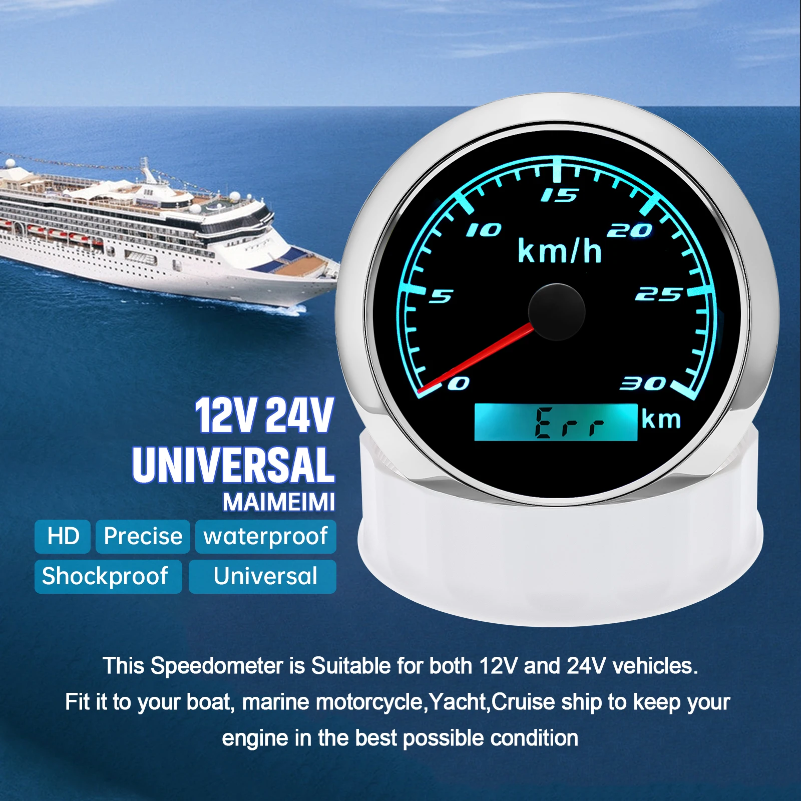 7 Color Backlight 85mm 30-200kmh Speedometer 12V24V Speed Gauge Odometer Waterproof Accessories For Marine Boat Yacht Vehicle