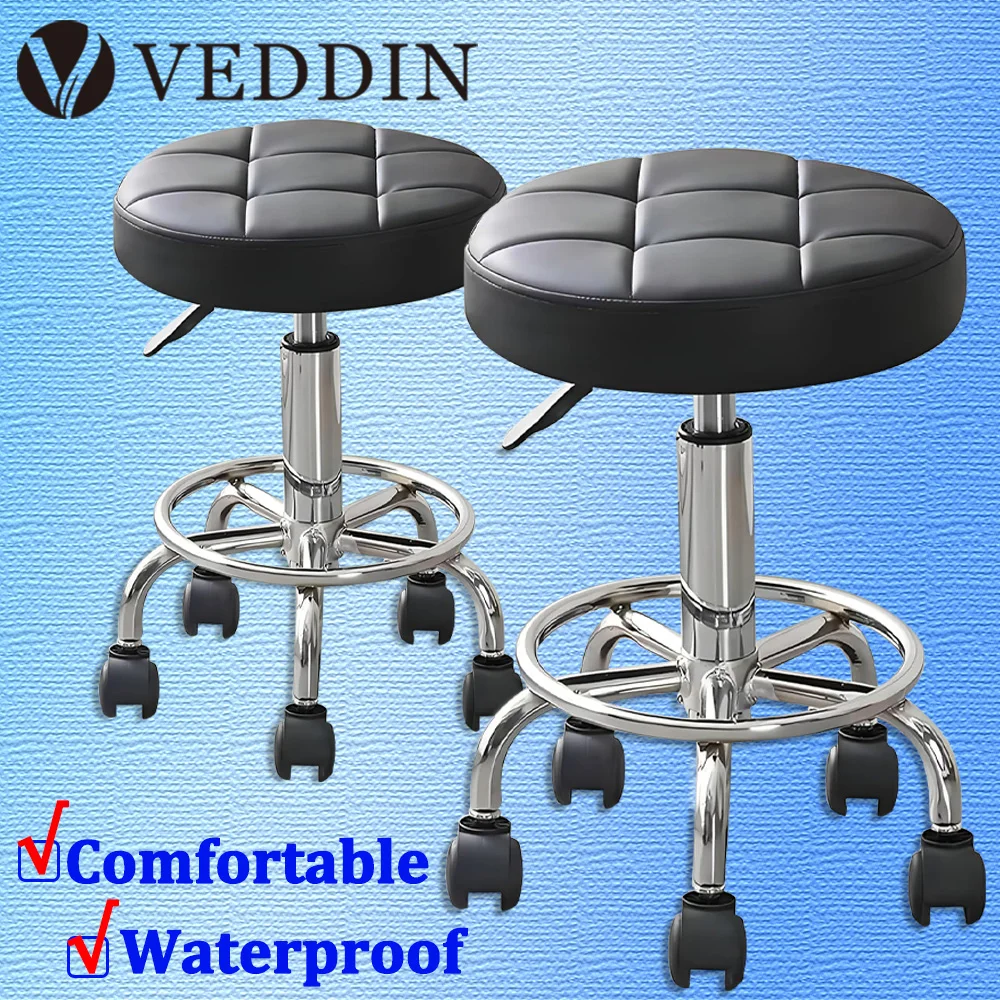 

Круглый табурет на колесиках из искусственной кожи с регулируемой высотой 360° ° Поворотный табурет на колесах, офисный стул, домашняя тату-студия, спа-салон красоты