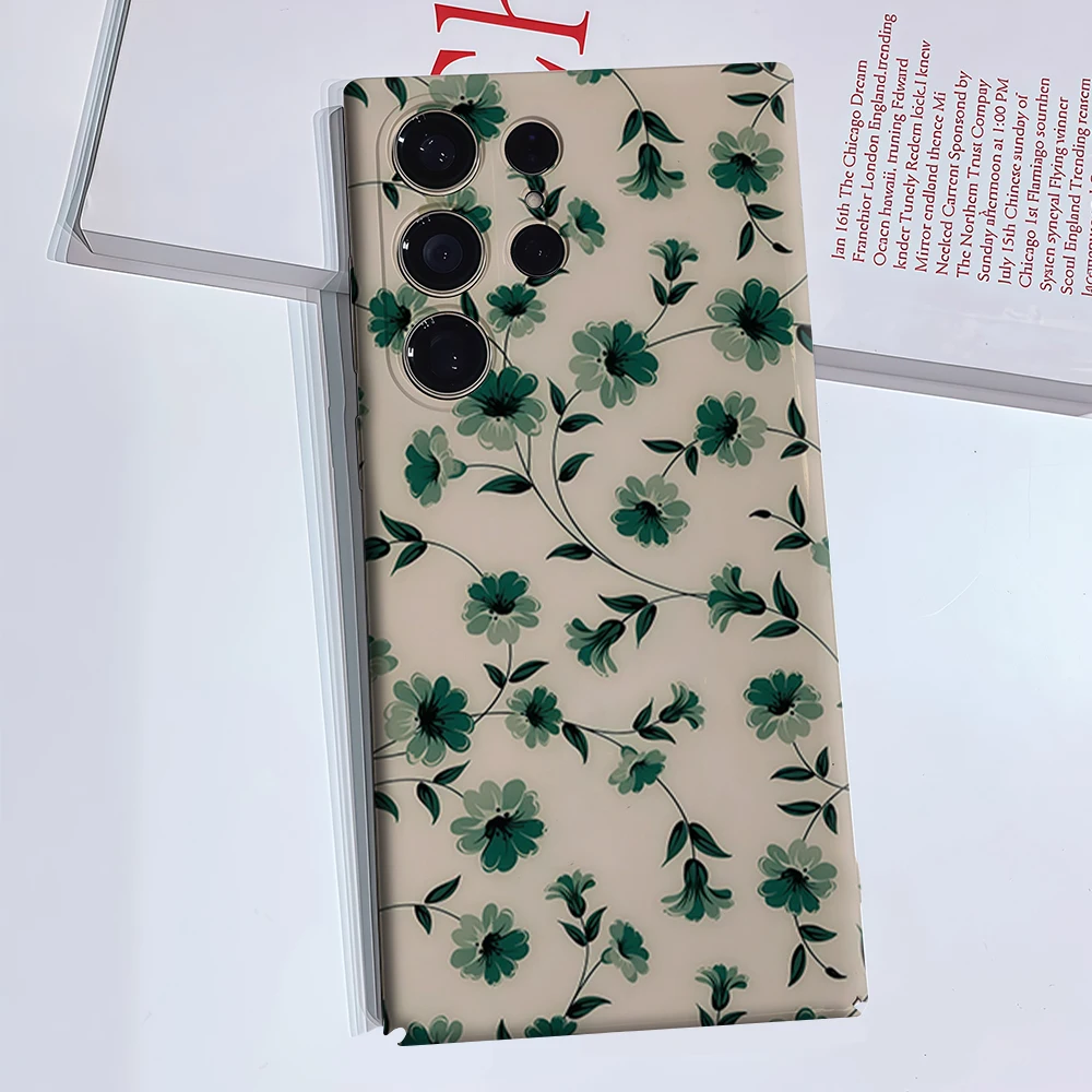 Cream Base Emerald Floral Phone Case for Samsung Galaxy S26 S25 Ultra S24 S23 Ultra Plus Glossy Double-layer Back Cover
