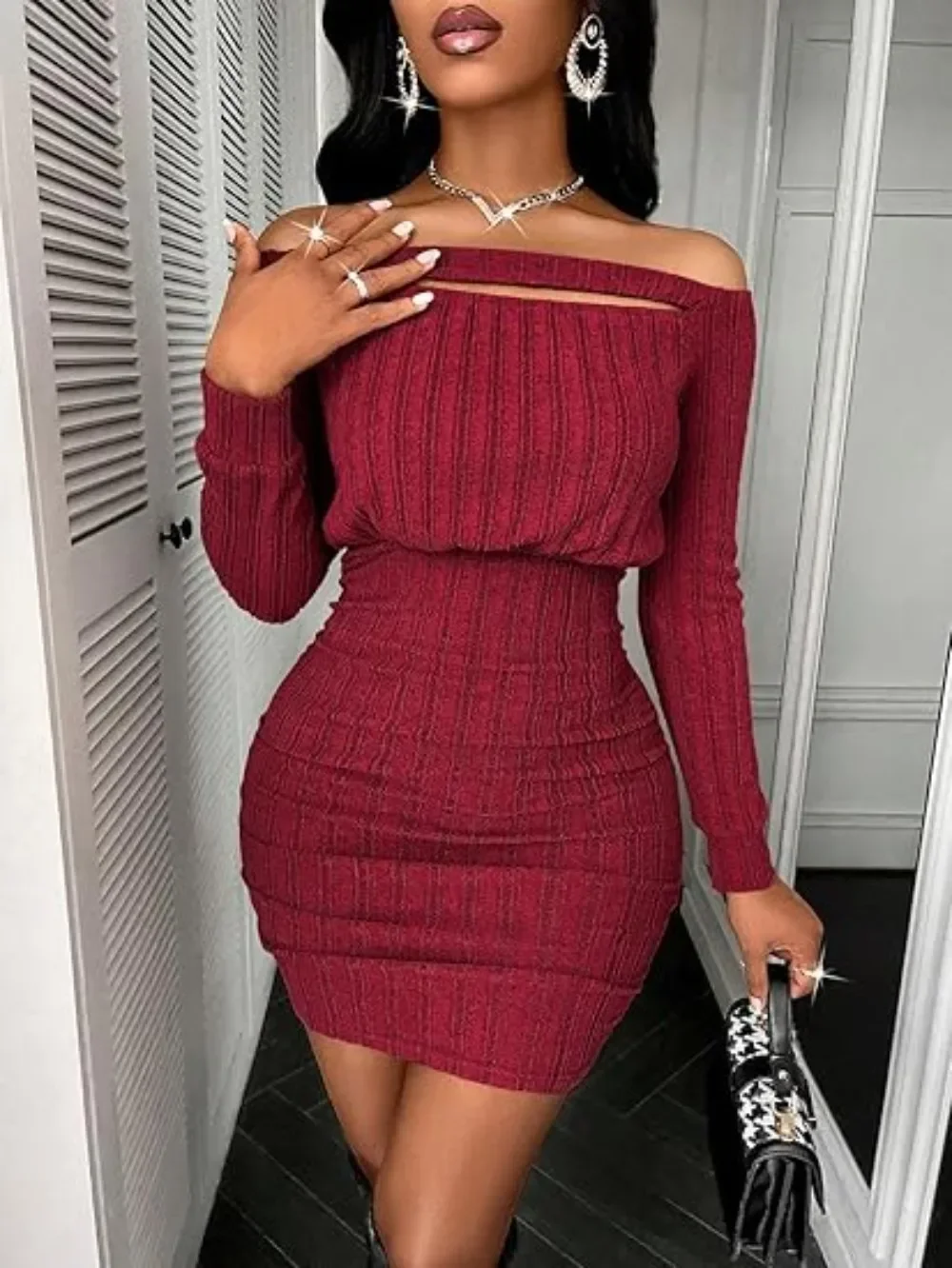 Autumn Sexy Dresses Women Fashion Long Sleeve Off Shoulder Rib Knit Dress Bodycon Mini Dress Women