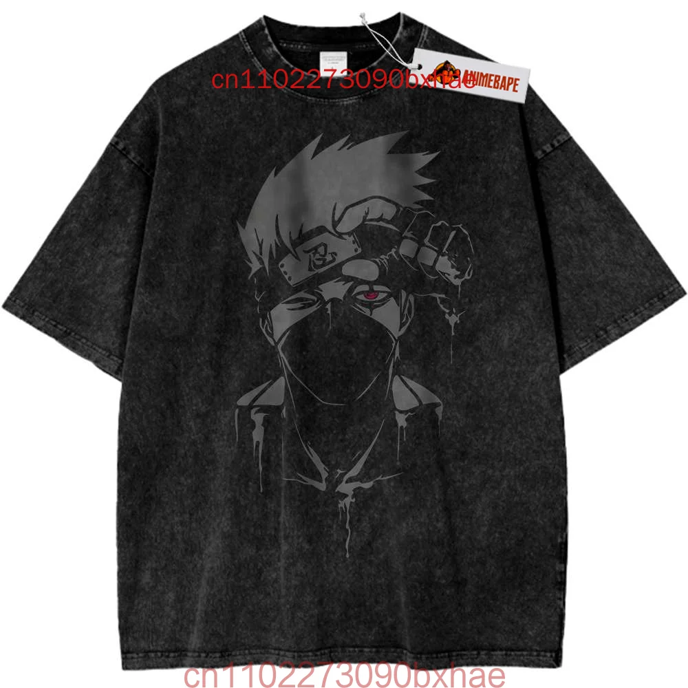 

Kakashi Hatake Short Sleeve T Shirt Naruto Anime Print Vintage T-Shirt Cotton Black Washed Tops Tees Fashion Harajuku Streetwear