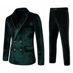 Abito da uomo in velluto doppiopetto verde abiti con risvolto dentellato Slim Fit 2 pezzi abiti da uomo Costume da riunione per feste di matrimonio