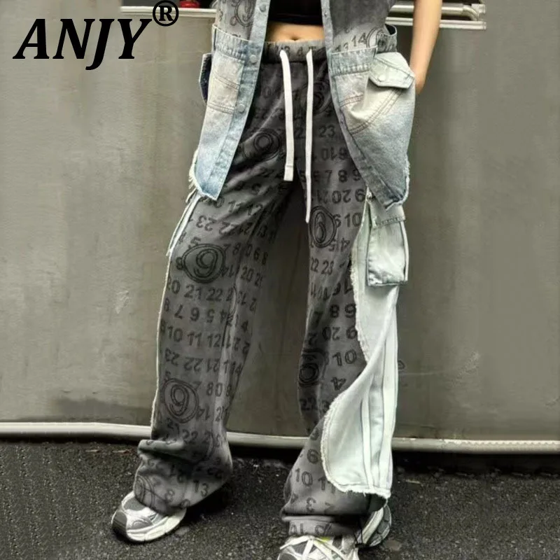ANJY Summer New Women Jeans Large Pocket Letter Printed Patchwork Washed Denim Contrast Color Streetwear Chic Casual Pants A9998