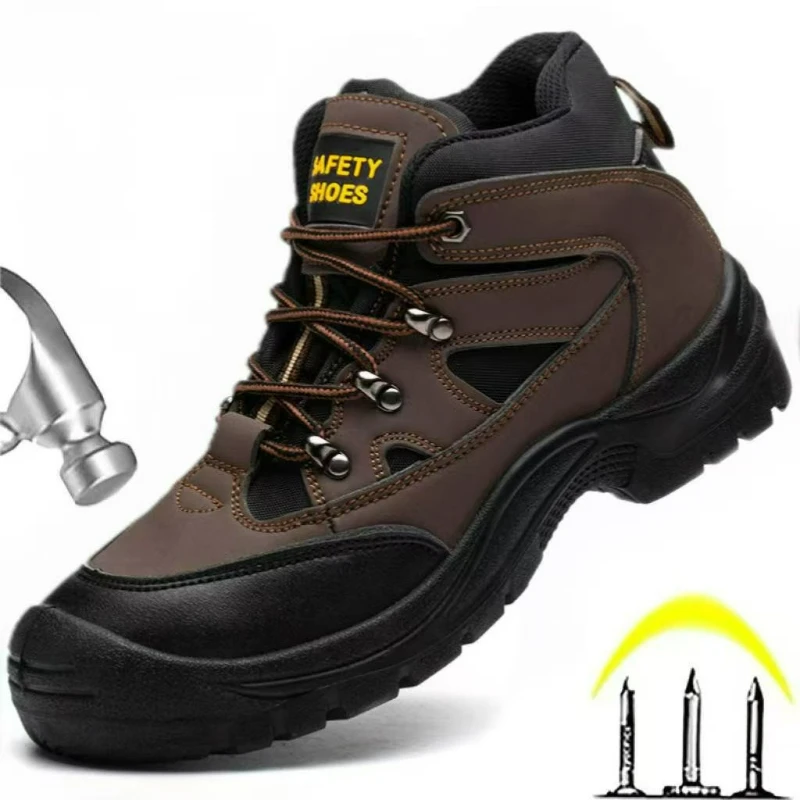 Men's Safety Shoes Work Boots Anti-Puncture Male Steel Toe Shoes Non-Slip Indestructible Shoes Wear-resistant Lace-up Men Boots