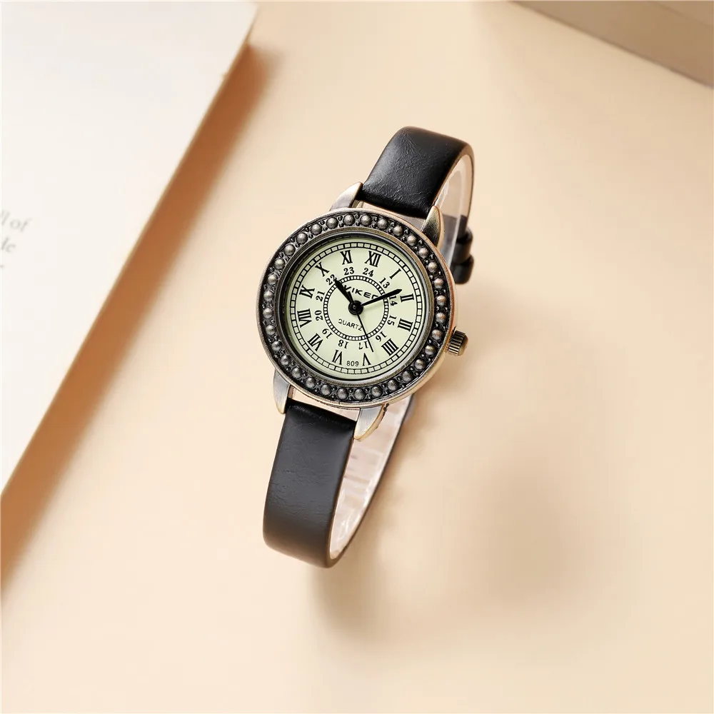 Vintage women leather watch slim PU leather Roman scale quartz watch