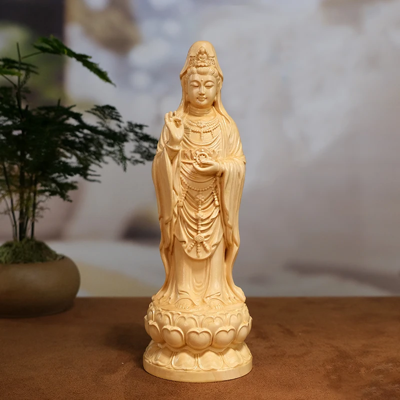 Wood Carved Nanhai Guan Yin Bodhisattva - Home Worship Standing Wooden Kwan Yin Decoration