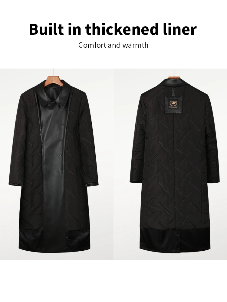 Super Long leather coat men\'s knee double breasted large lapel British windbreaker men\'s thickened warm leather coat men