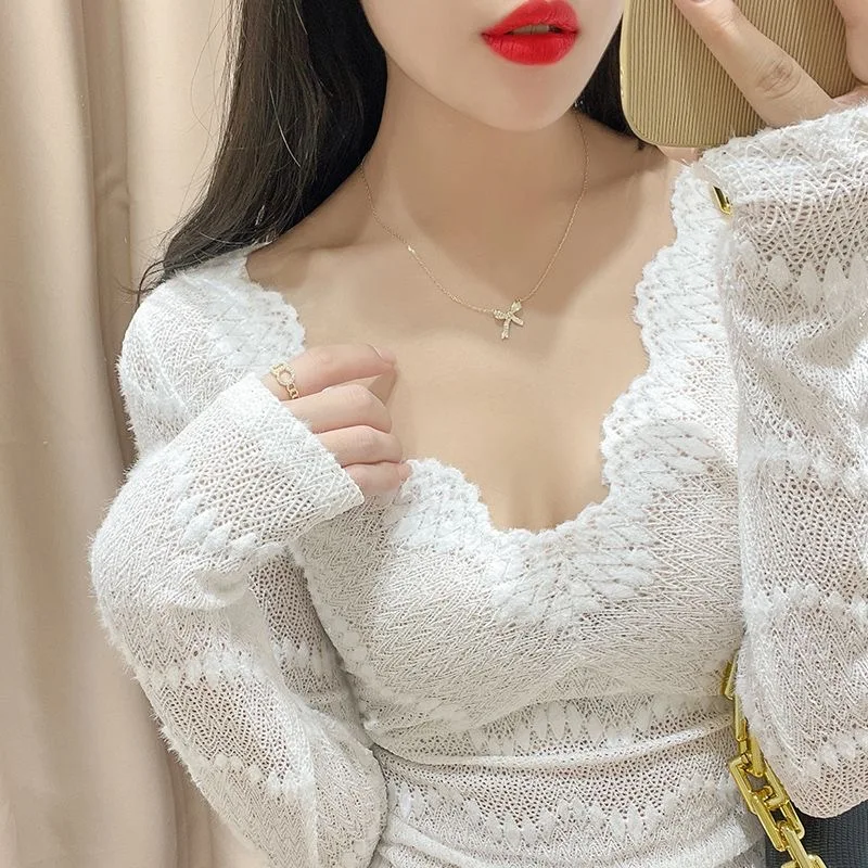 High Quality 3 colors Woman Spring Autumn Style Lace Blouses Shirts Lady Casual Long Sleeve V-Neck Lace Blusas Tops White Black