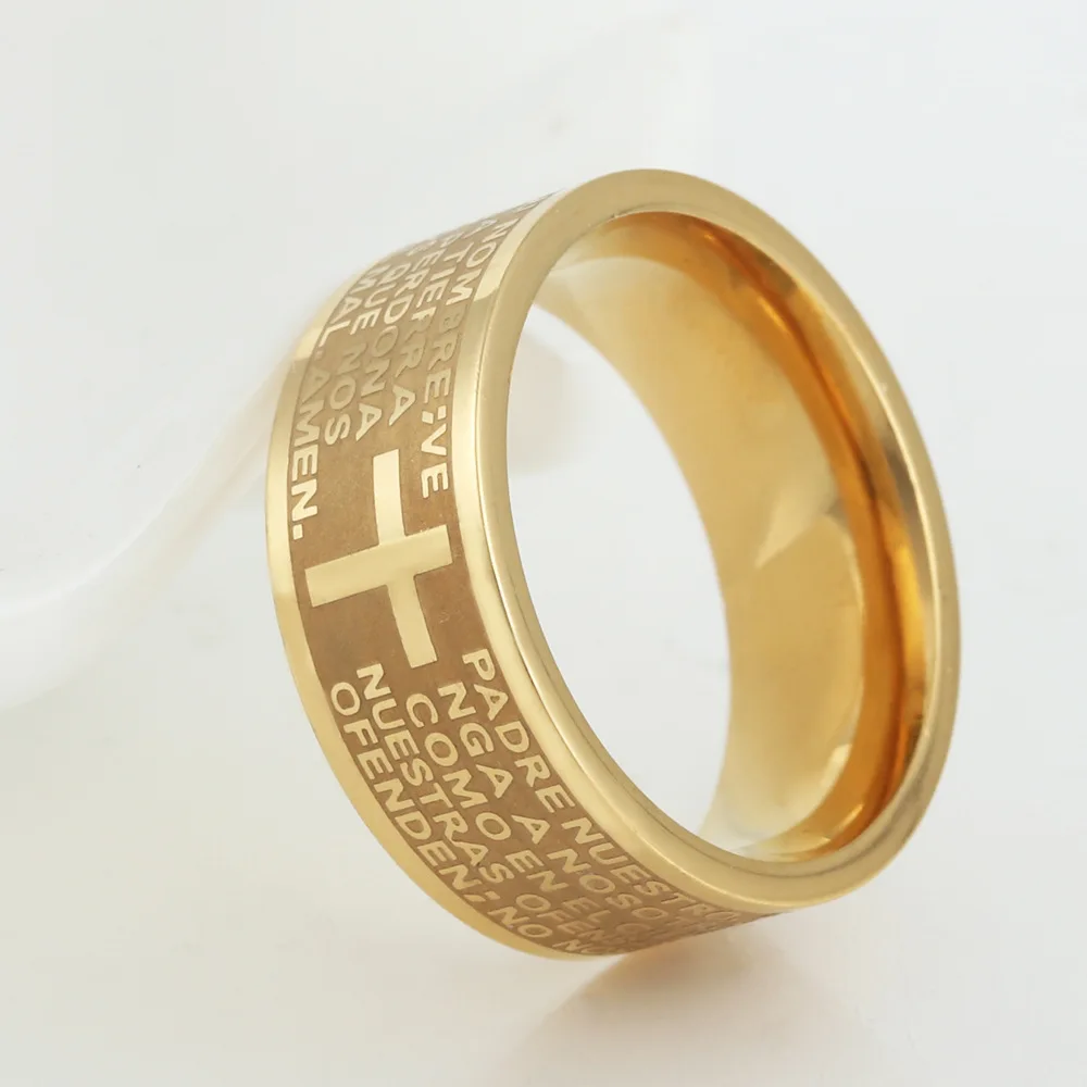 7mm Tone Spanish Golden The Holy Bible  Prayer Cross Ring Stainless Steel Rings Wholesale