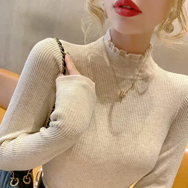 Damskie swetry z dzianiny Mock Neck Y2k Tops Full Sleeve Lace Floral Sheath Jumpers Pullovers Simple Top Elegant Autumn Winter