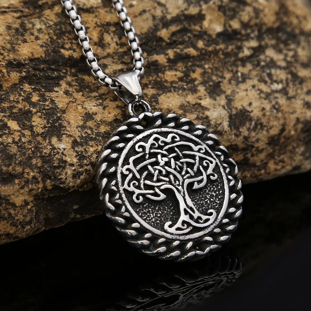 100pcs/lot Tree of Life Necklace Personalized Retro Men's Stainless Steel Chain with High Grade Feeling Titanium Steel Pendant J