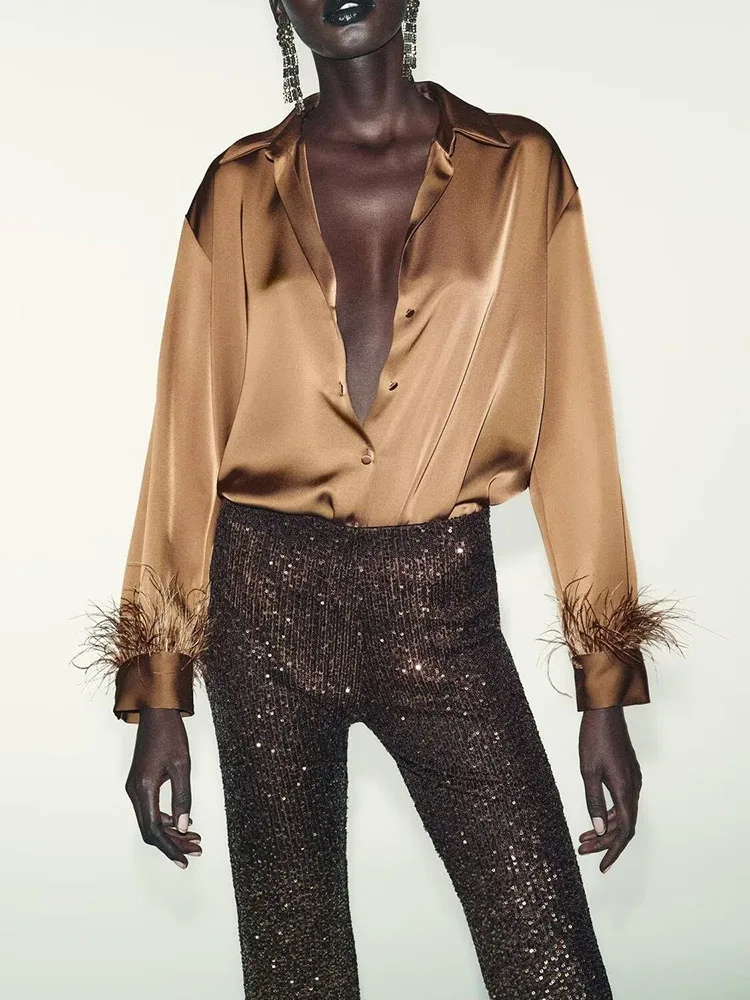 Ele Sweet Faionable Casual Feather Trim Silk Satin Feel irt Women's Winter New Arrival Multi-Purpose Sle 2025:Ele Sweet Faionable Casual Feather Trim Silk Satin Feel irt Women's Winter New Arrival Multi-Purpose Sle 2025