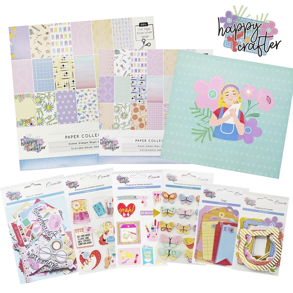 Creative Path 9-teiliges Happy Crafter Scrapbooking-Journaling-Set mit Dekorationspapier, Stanzformen und Verzierungen für DIY-Bastelarbeiten – Detail 1