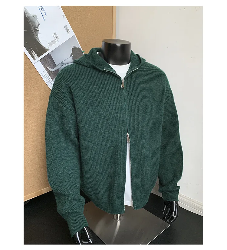 2026 New Autumn Winter Simple Solid Color Knitted Hoodie Men Japan Korean Fashion Casual Loose Double Zipper Hooded Jacket