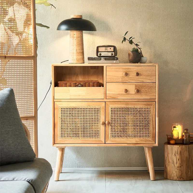 solid wood rattan, storage cabinet Japanese-style household, ash wood with drawers, dining side cabinet storage cabinet
