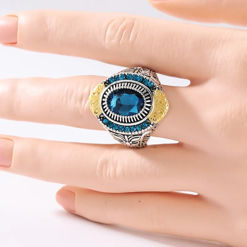 Vintage Inlaid Blue CZ Women's Ring Ethnic Two Color Hand Carving Daily Wear Party Jewelry Anniversary Gift